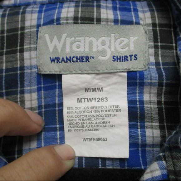 Wrangler Shirt Mens Medium Wrancher Blue Plaid Long Sleeve Pearl Snap - Picture 2 of 8